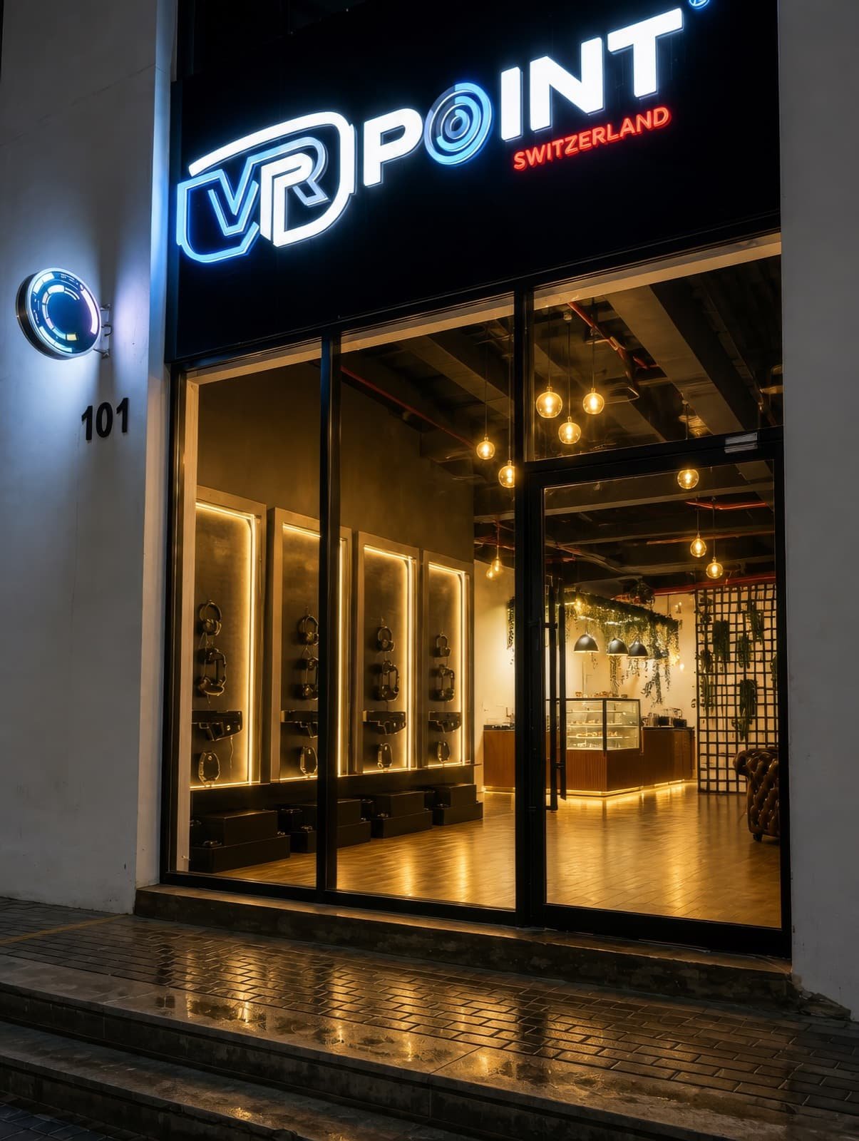 VR Point Dubai storefront entrance with neon sign, Unit 101, Al Quoz