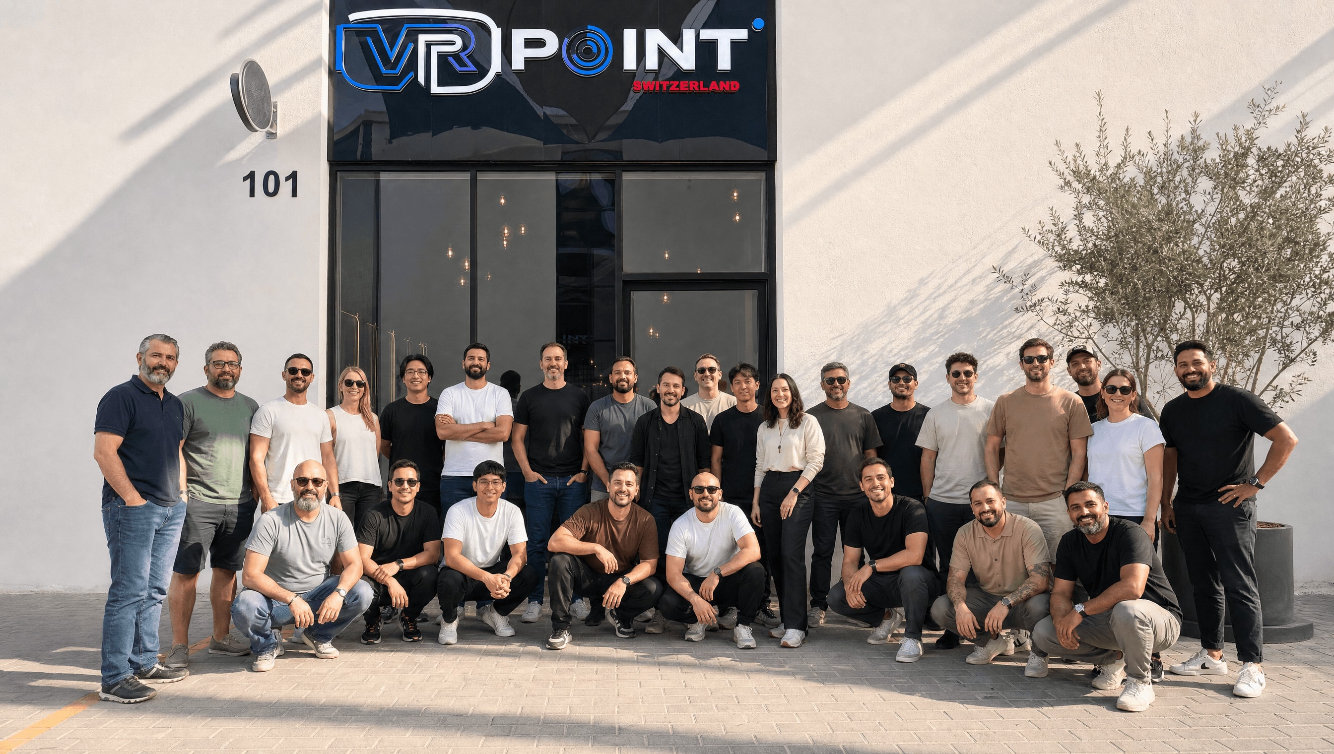 Adult Birthday Party in Dubai 3 A group of about 25 adults outside the VR Point Dubai entrance at Goshi Warehouse City, Al Quoz, after a private event