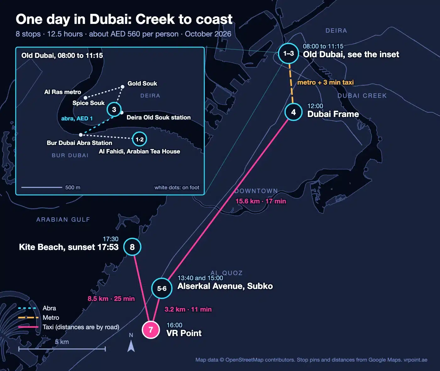 The Best Day in Dubai: A One-Day Itinerary With Every Dirham Counted 1 Map of a one-day Dubai itinerary from Al Fahidi and the Creek to Dubai Frame, Alserkal Avenue, VR Point in Al Quoz and Kite Beach, with an inset of Old Dubai
