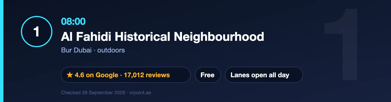 The Best Day in Dubai: A One-Day Itinerary With Every Dirham Counted 3 Stop 1 of the one-day Dubai itinerary: Al Fahidi Historical Neighbourhood at 08:00, rated 4.6 on Google, free to visit
