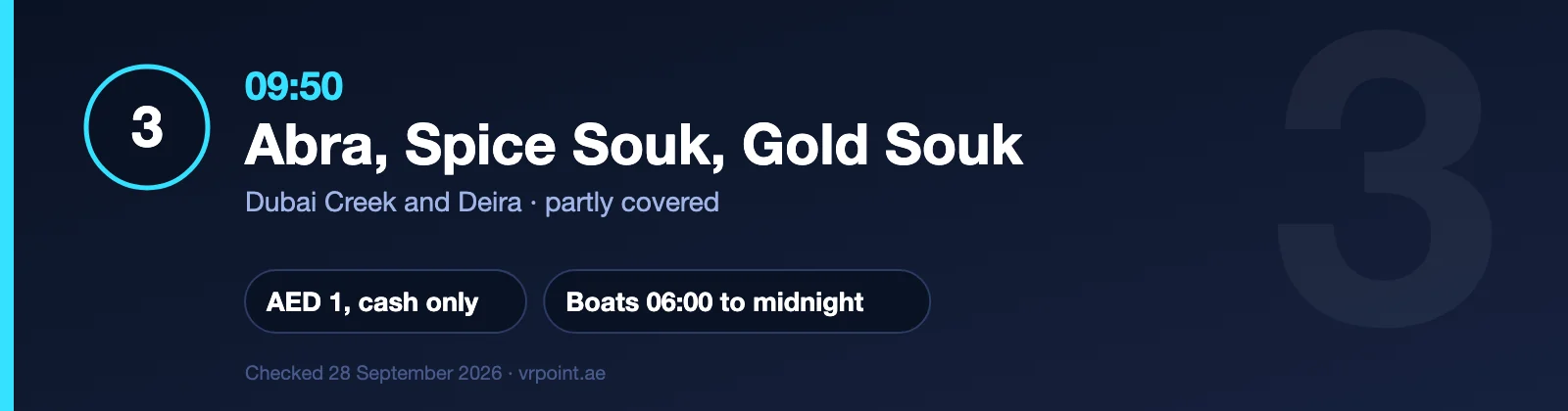 The Best Day in Dubai: A One-Day Itinerary With Every Dirham Counted 7 Stop 3: abra across Dubai Creek for AED 1 cash, then the Spice Souk and Gold Souk in Deira, 09:50