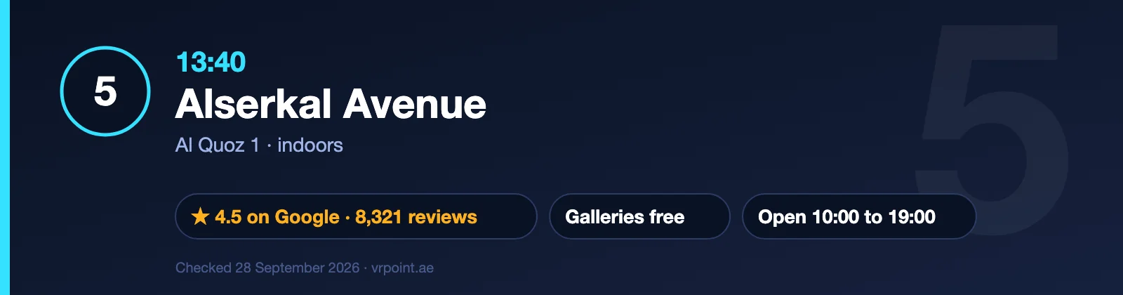 The Best Day in Dubai: A One-Day Itinerary With Every Dirham Counted 12 Stop 5: Alserkal Avenue in Al Quoz at 13:40, rated 4.5 on Google, galleries free