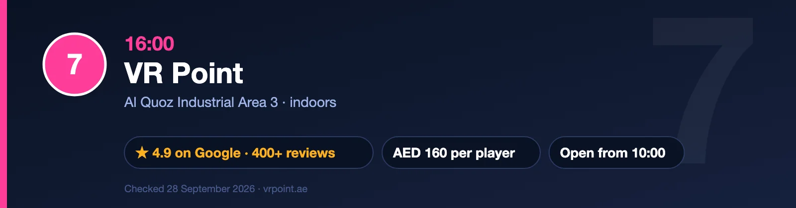 The Best Day in Dubai: A One-Day Itinerary With Every Dirham Counted 15 Stop 7: free-roam VR mission at VR Point in Al Quoz at 16:00, rated 4.9 on Google, AED 160 per player