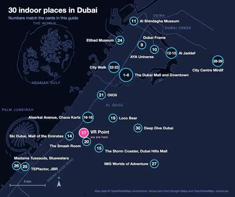 Indoor Activities in Dubai: 30 Places With Real Prices and 4 Ready-Made Days 1 Map of Dubai with 30 indoor activities marked by number, from Bluewaters and JBR to City Centre Mirdif, VR Point highlighted in Al Quoz