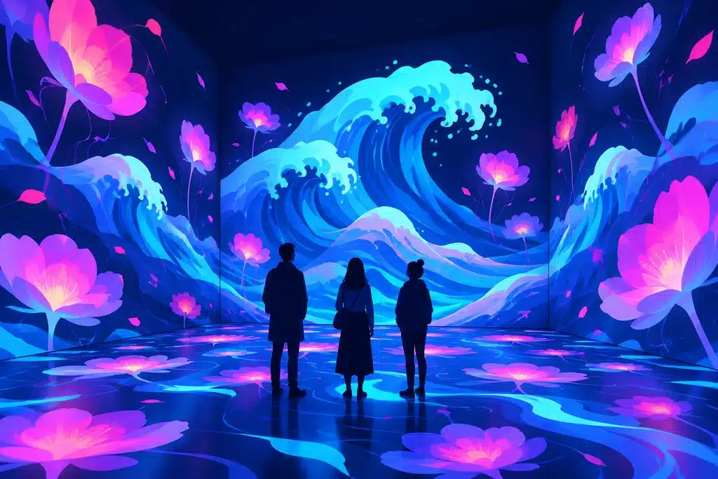 Indoor Activities in Dubai: 30 Places With Real Prices and 4 Ready-Made Days 6 Illustration of visitors standing in a dark room with projected waves and flowers