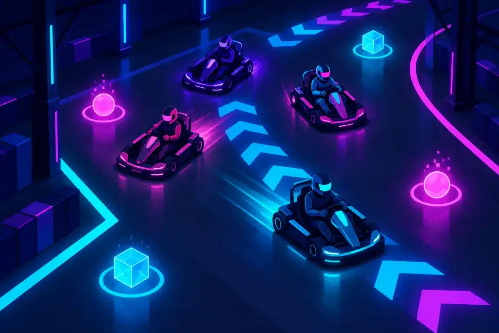 Indoor Activities in Dubai: 30 Places With Real Prices and 4 Ready-Made Days 21 Illustration of electric karts racing on a track projected onto the floor of a dark hall