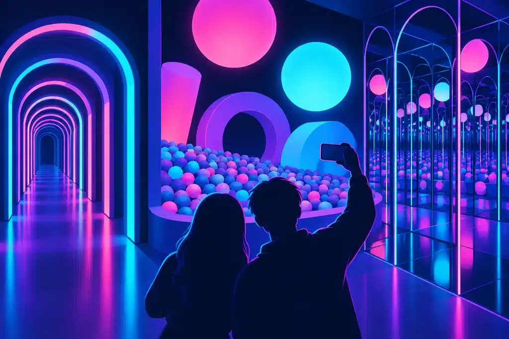 Indoor Activities in Dubai: 30 Places With Real Prices and 4 Ready-Made Days 7 Illustration of a neon corridor, a ball pit and a mirror room with two visitors taking a photo