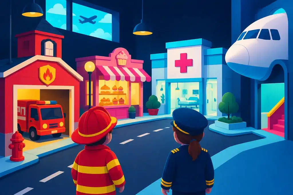 Indoor Activities in Dubai: 30 Places With Real Prices and 4 Ready-Made Days 11 Illustration of a child-size city street with a fire station, a bakery, a hospital and the nose of an aeroplane