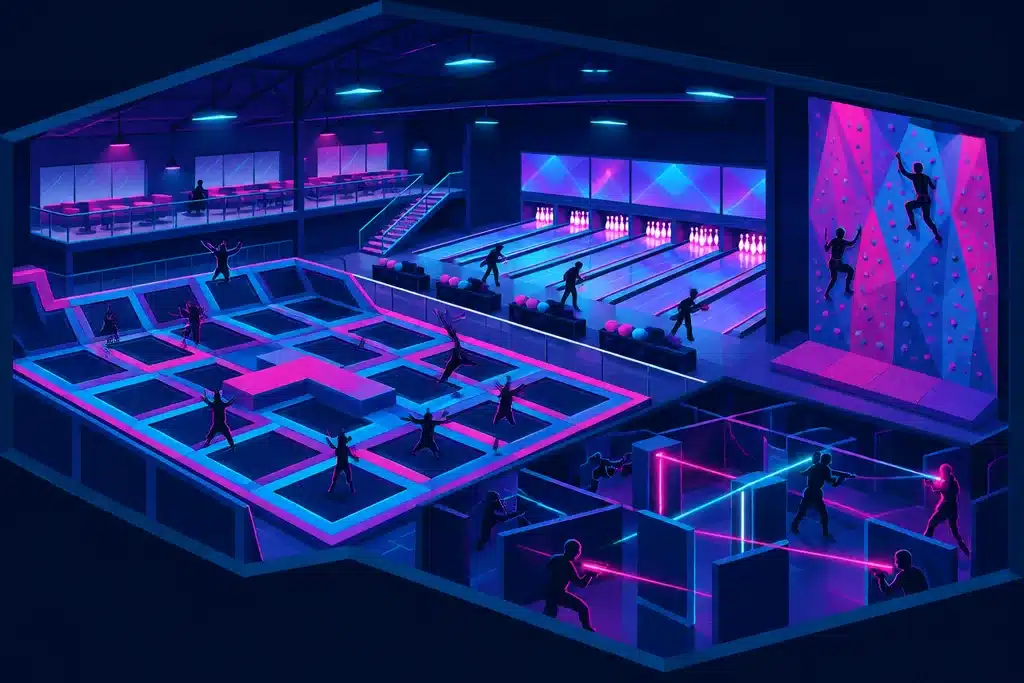 Indoor Activities in Dubai: 30 Places With Real Prices and 4 Ready-Made Days 22 Illustration of a large hall with trampolines, bowling lanes, a climbing wall and laser tag