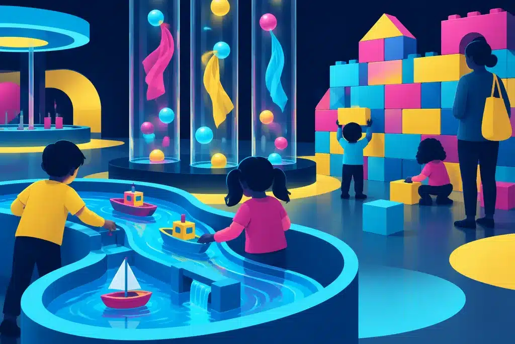 Indoor Activities in Dubai: 30 Places With Real Prices and 4 Ready-Made Days 24 Illustration of children playing at a water table, air tubes and a wall of building blocks