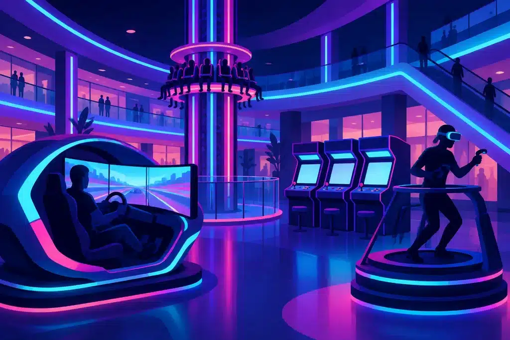 Indoor Activities in Dubai: 30 Places With Real Prices and 4 Ready-Made Days 9 Illustration of an indoor amusement park with a racing simulator, a drop tower and a VR platform