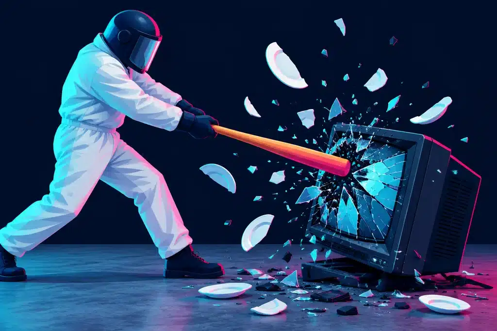 Indoor Activities in Dubai: 30 Places With Real Prices and 4 Ready-Made Days 23 Illustration of a person in protective gear breaking an old television with a bat