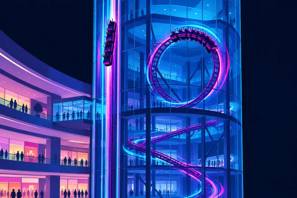Indoor Activities in Dubai: 30 Places With Real Prices and 4 Ready-Made Days 18 Illustration of a roller coaster climbing vertically inside a glass tower beside a shopping mall